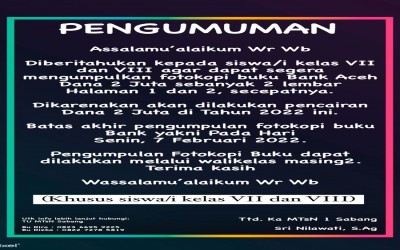Pengumuman Terkait Dana 2 Juta Untuk Siswa/i Kelas VII dan VIII